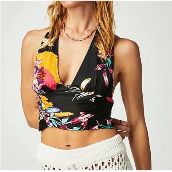 Free People Seraphina Floral Halter Top in Black Combo Multicolor Cropped Wrap - Picture 1 of 15